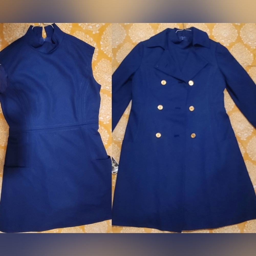 Vtg 60s YOUTHCRAFT Two Piece Dress Coat & Dress Set Womens Sz 12 NavBlue Chevron